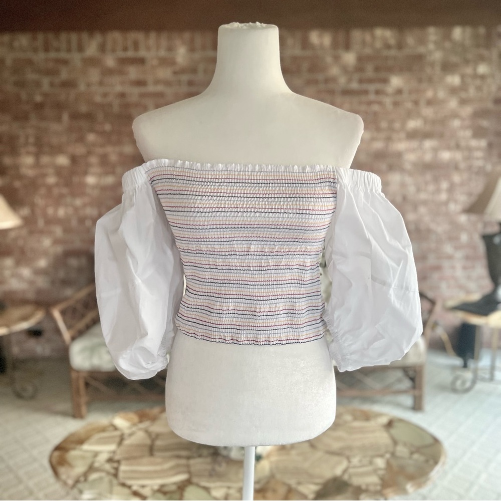 Sokie Collective Top Smocked White Ouff Skeeve Off the Shoulder Crop NWT L Boho